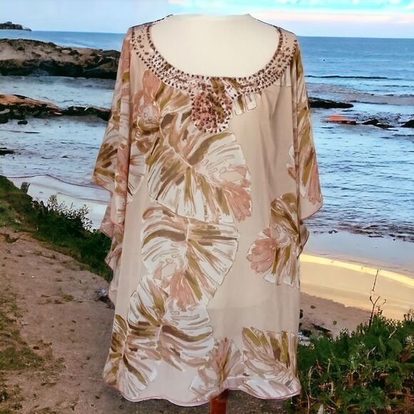 Lane Bryant Sheer Poncho Top Sz 2X 18 20 Beaded Leaf Print Tropical Kimono Flowy - Picture 12 of 13